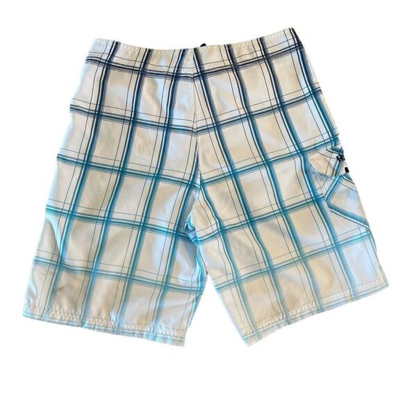 Hurley Mens Board Shorts Plaid Classic White Blue Double LaceTie Size 32 - Picture 2 of 7